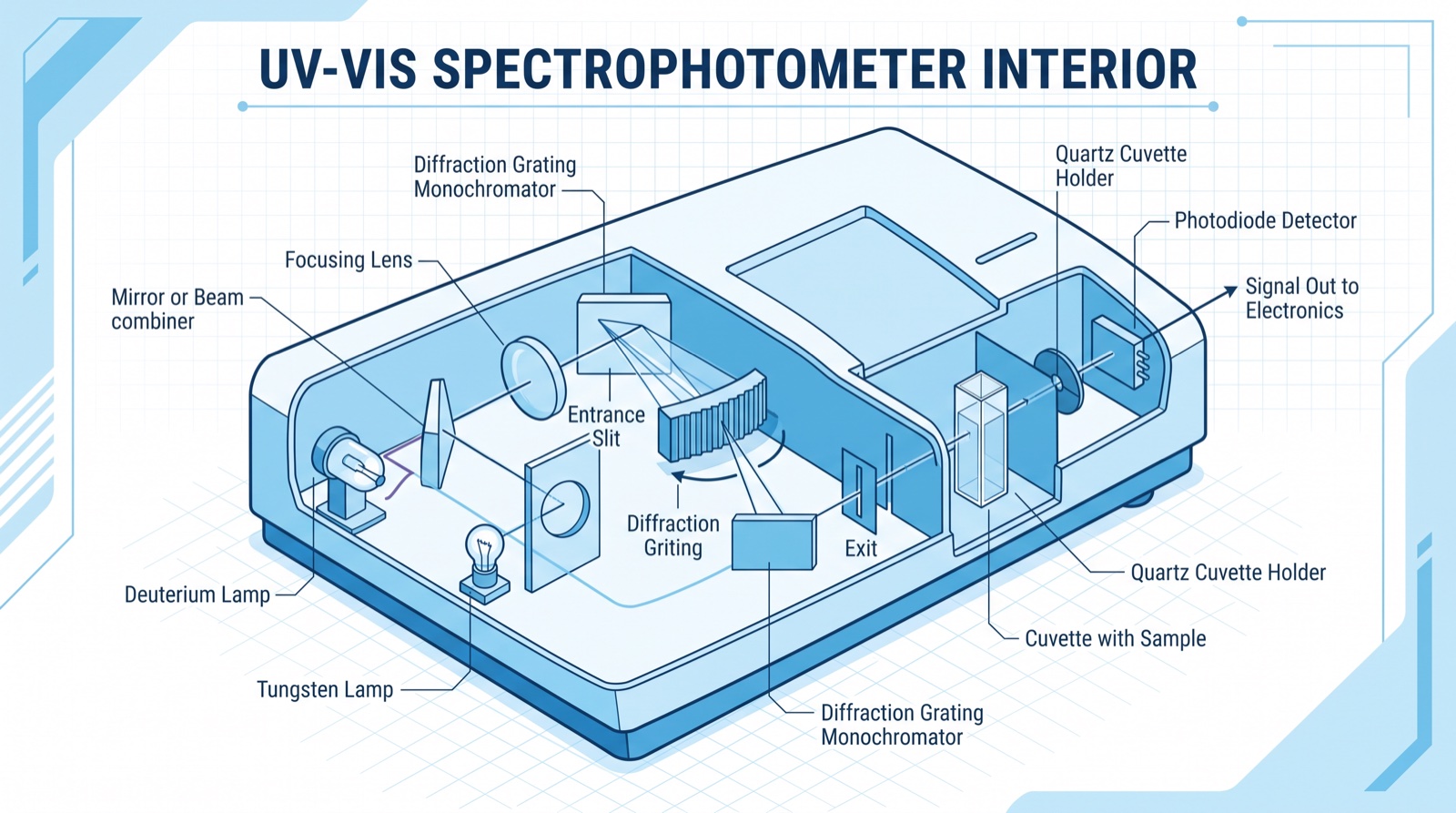 Corte isométrico del interior de un espectrofotómetro UV-Vis mostrando lámpara, monocromador, cubeta y detector