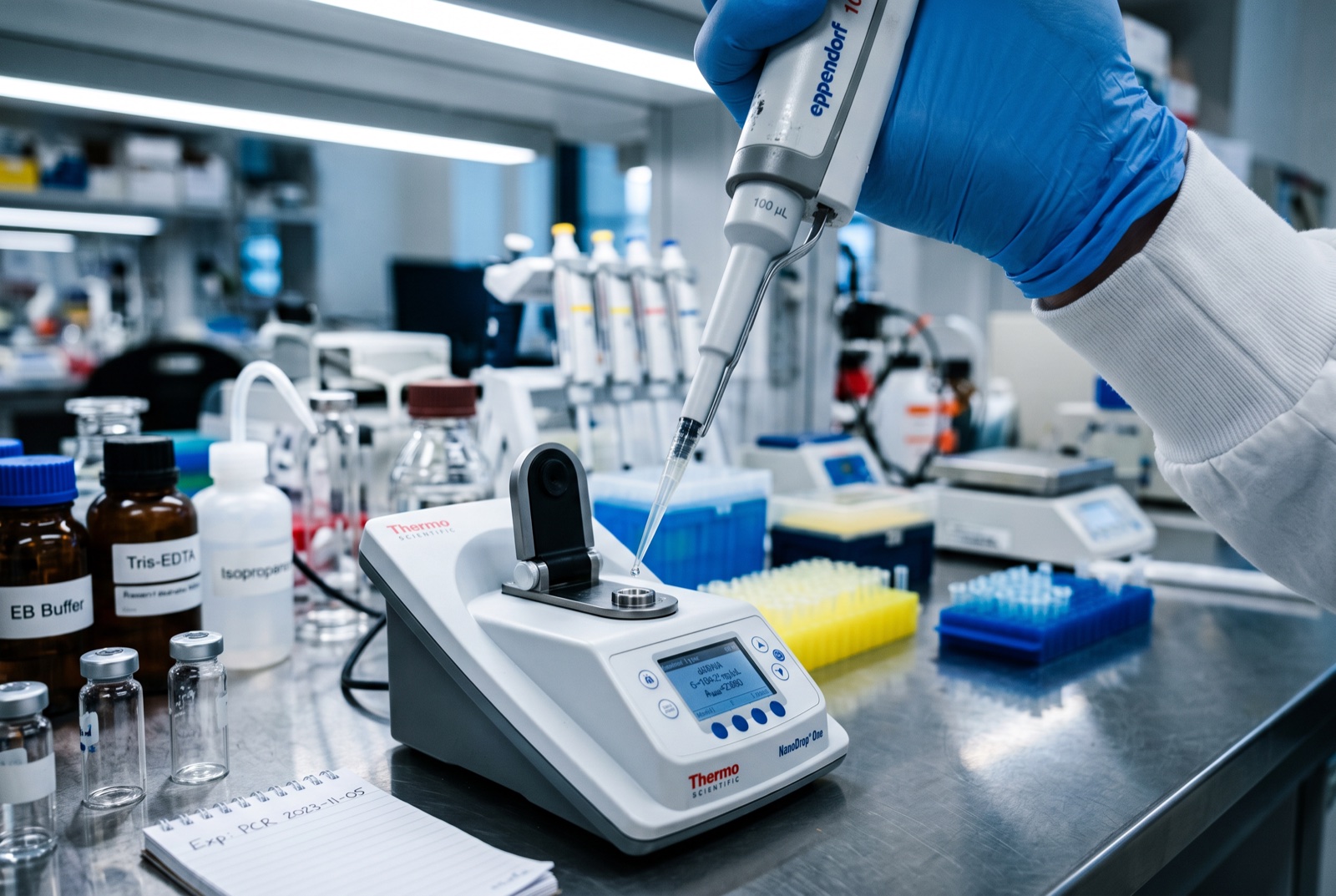 Científico pipeteando muestra de ADN sobre pedestal de espectrofotómetro de micro-volumen en laboratorio de biología molecular