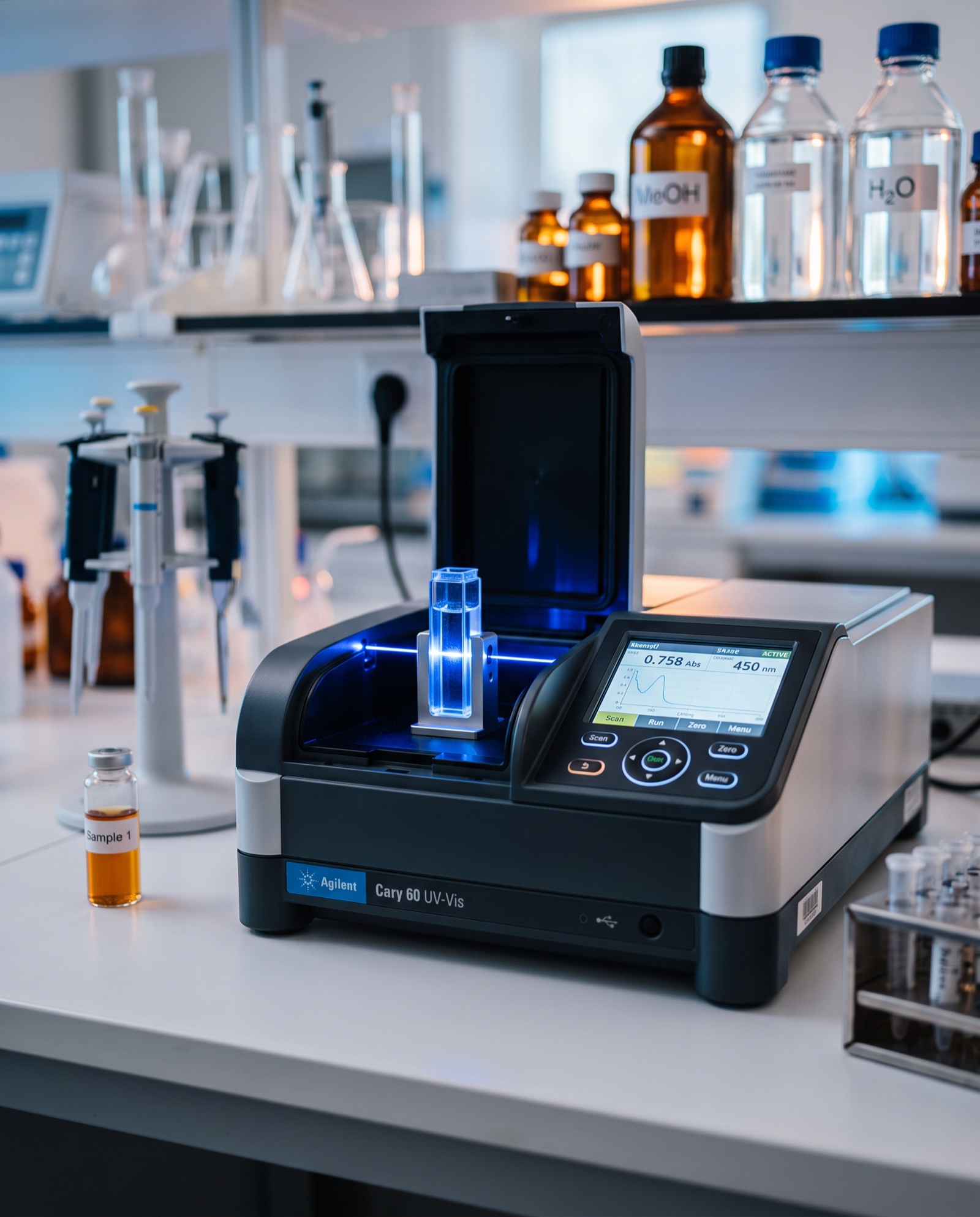 Espectrofotómetro UV-Vis moderno sobre mesón de laboratorio con haz de luz azul atravesando cubeta de cuarzo