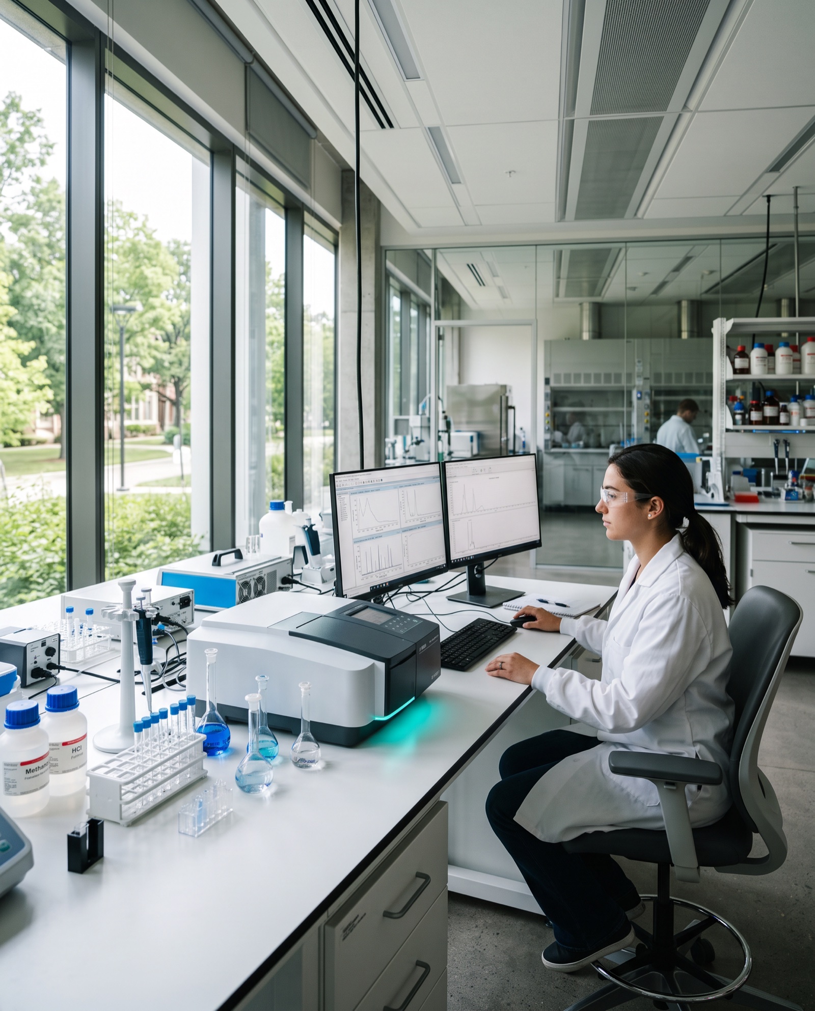 Laboratorio analítico moderno con espectrofotómetro UV-Vis y analista revisando resultados en pantalla