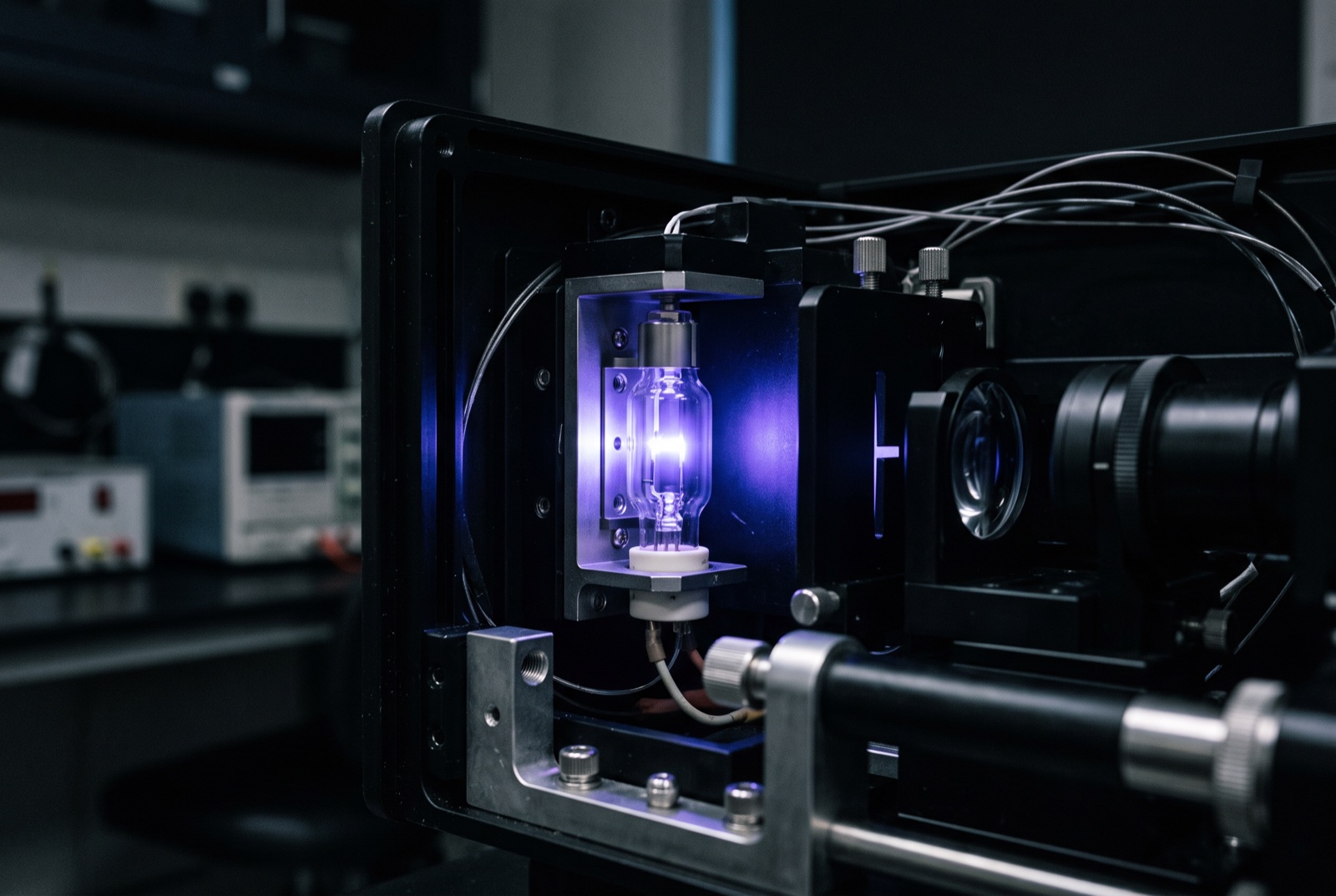 Lámpara de deuterio encendida con brillo violeta-azul dentro de espectrofotómetro