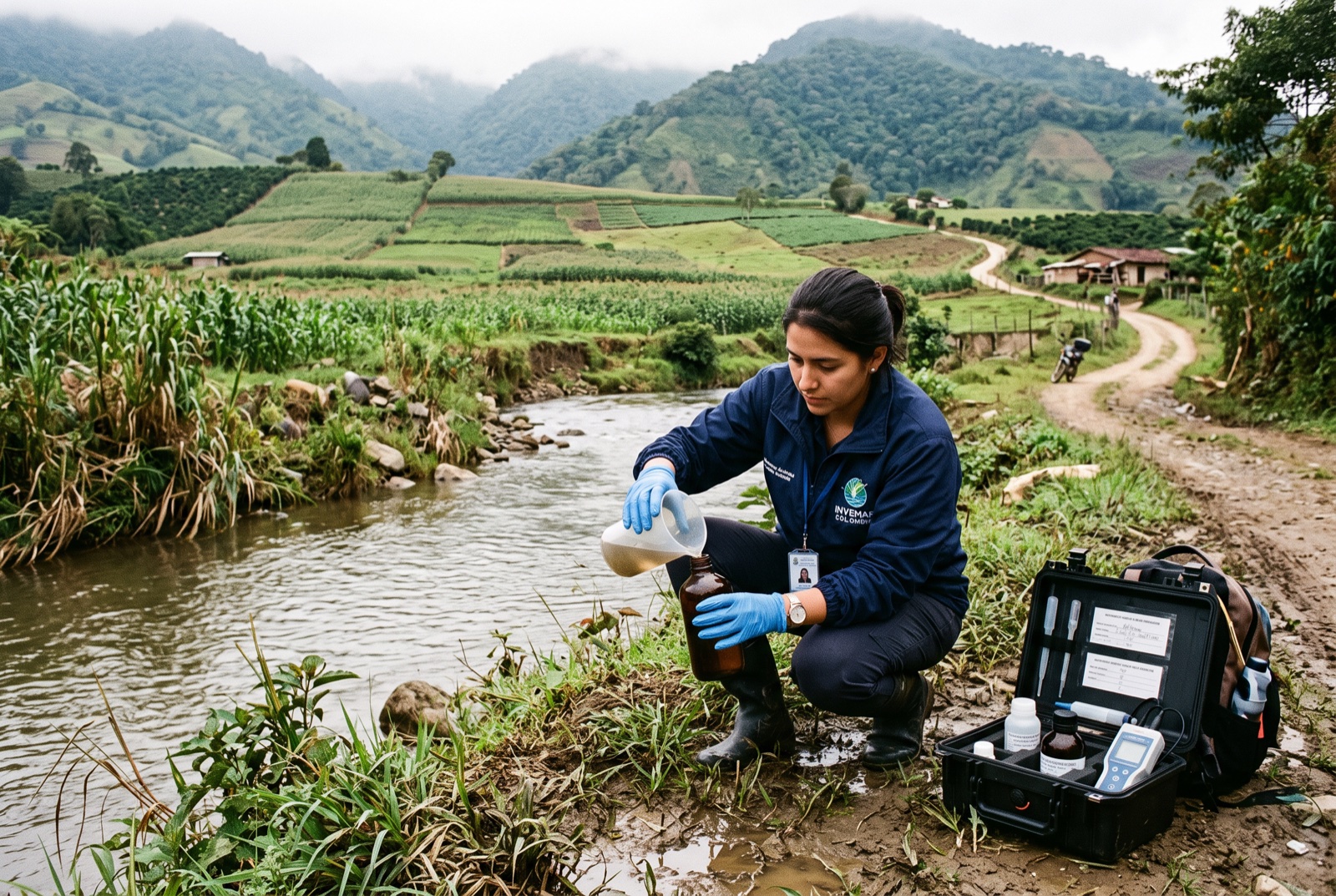 Analista tomando muestra de agua en río del campo colombiano con botella ámbar