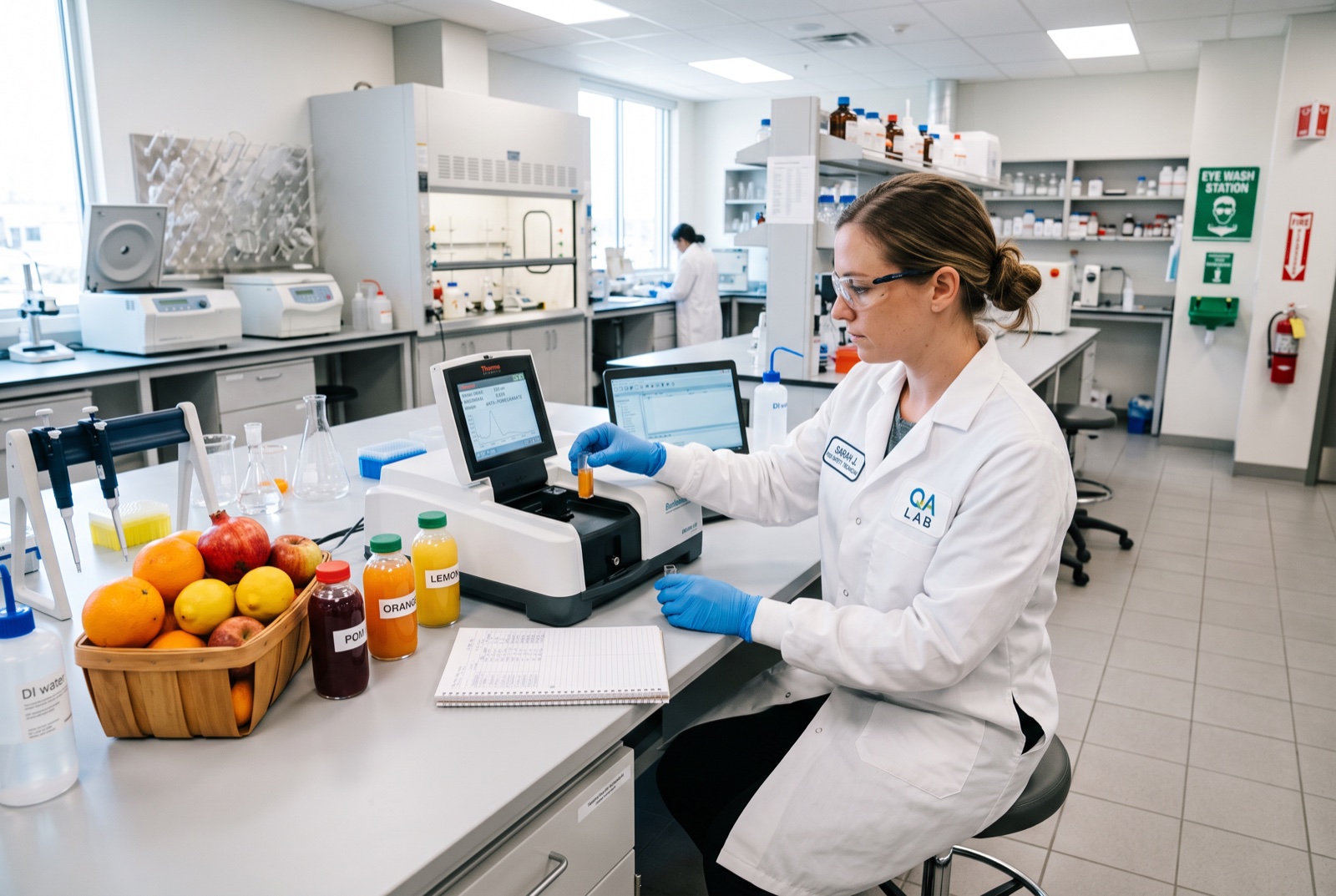Técnico de seguridad alimentaria analizando muestra de jugo en espectrofotómetro con frutas frescas en el mesón